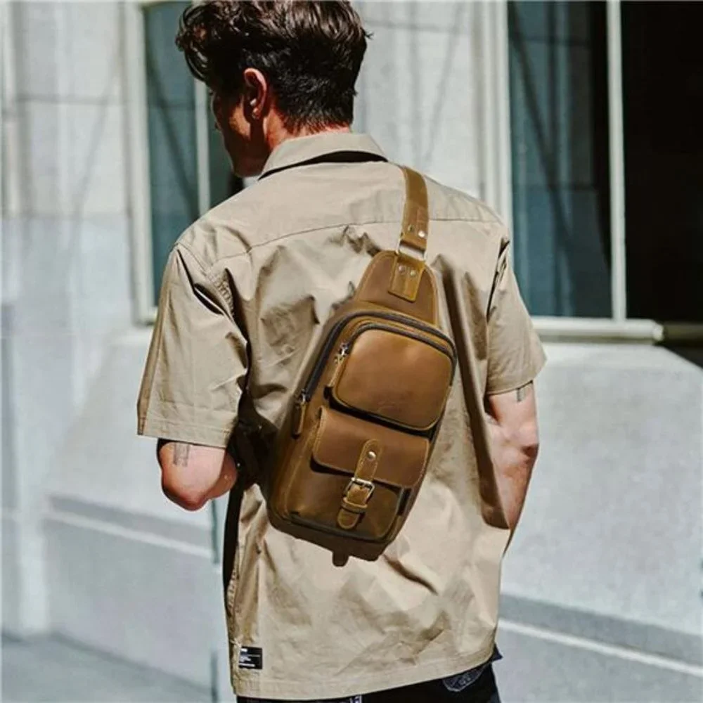 Unisex Vintage Genuine Leather Shoulder Backpack Crossbody Bag (Light Brown)